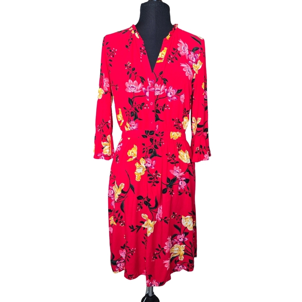 Old Navy Red Floral Fit & Flare Long Sleeve Mini Dress Size M Casual Brunch Work
